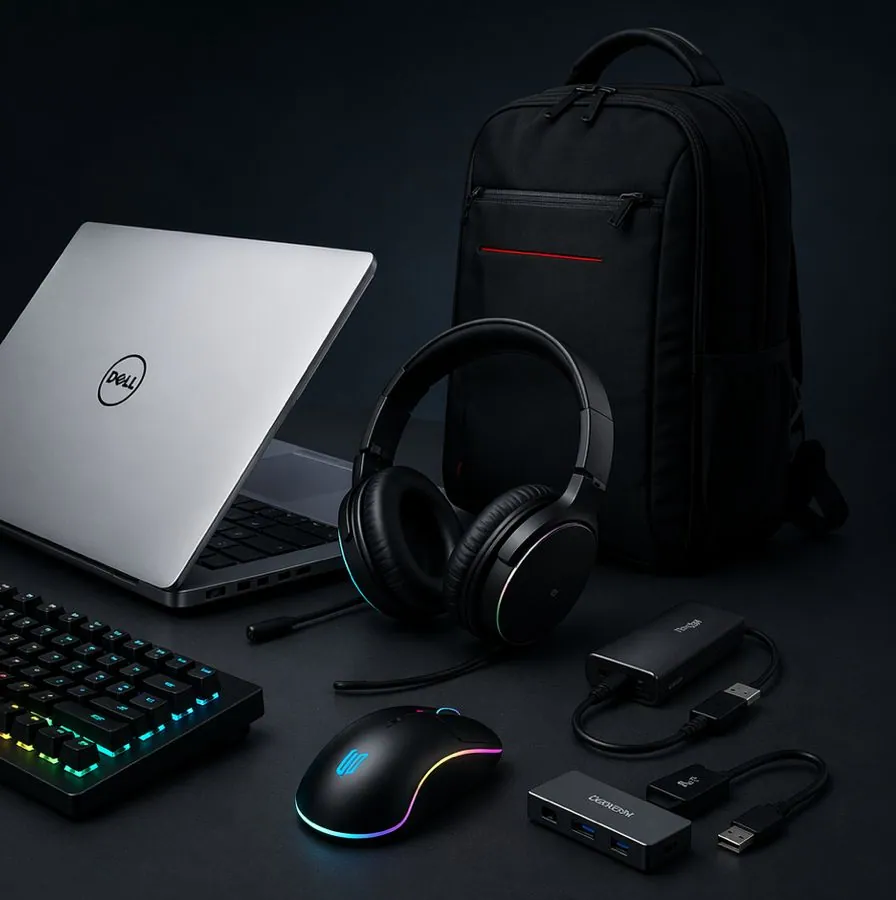 Dell laptop, headphones, mechanical keyboard, mouse and backpack