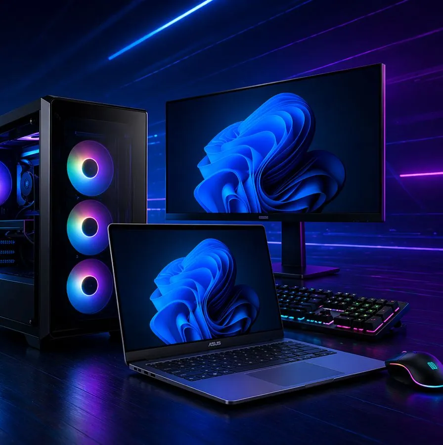 Gaming desktop PC, monitor and laptop with RGB lighting